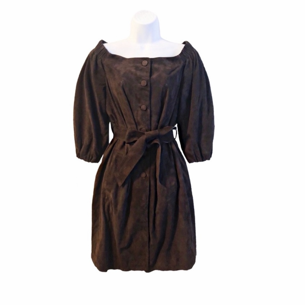Prada Suede Leather Brown Belt Button Front Dress